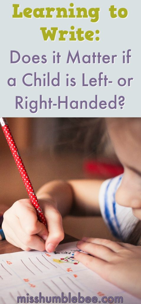 Should you try to make your child use her right hand when she begins learning to write? What if your child doesn't have a dominant hand when entering kindergarten? We're answering your questions and offering a FREE personalized name writing practice sheet.