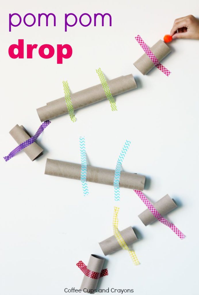 Pom-Pom-Drop-STEM-Activity-for-kids coffee cups and crayons