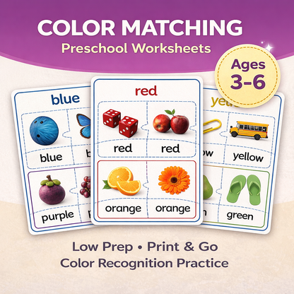 Color Matching Worksheets Printable Bundle (Preschool Color Recognition Activities)