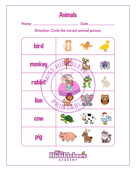 Matching Words to Animals 1