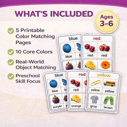 Color Matching Worksheets Printable Bundle (Preschool Color Recognition Activities)