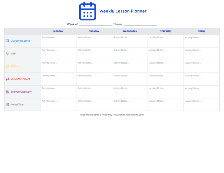 Parents - Weekly Lesson Planner