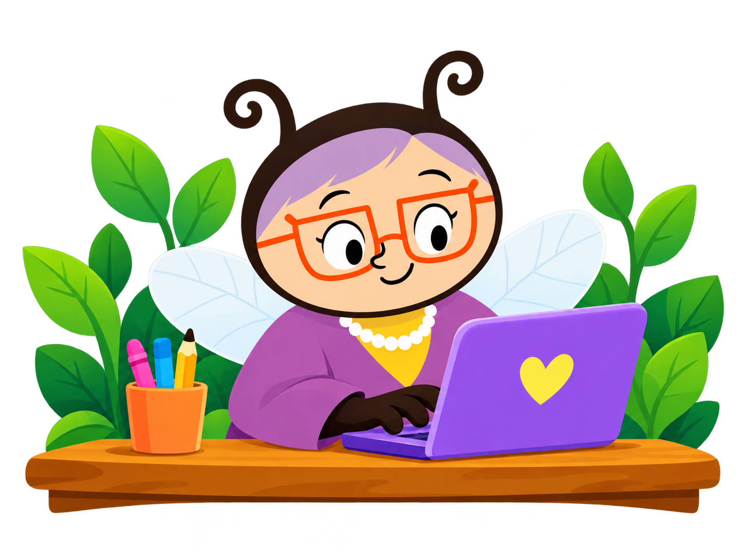 Miss Humblebee creating learning materials at her laptop