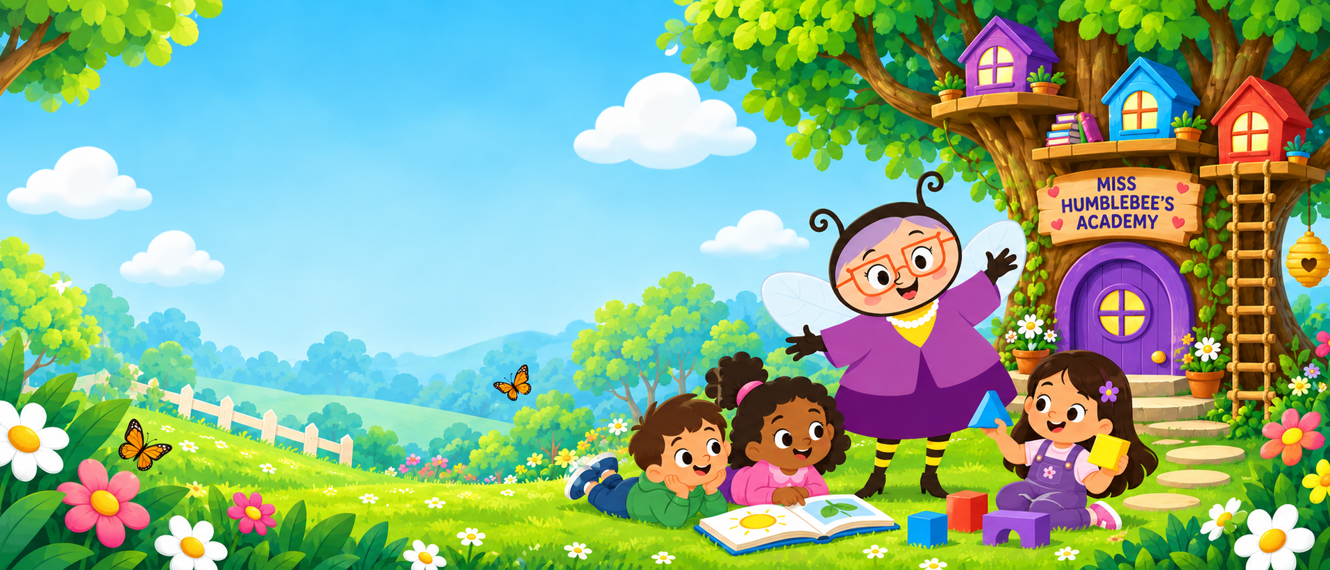 Miss Humblebee and children learning beside the academy treehouse