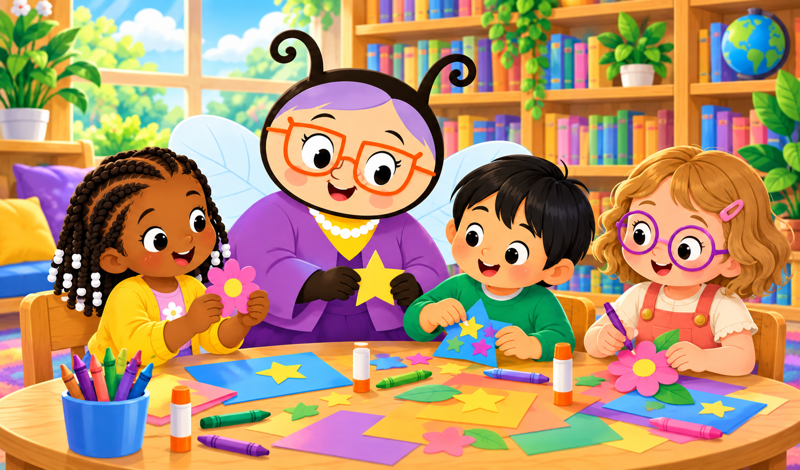 Children making colorful crafts with Miss Humblebee at a library table