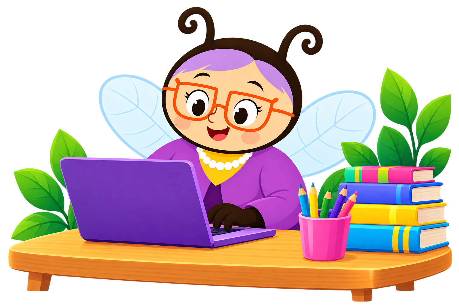 Miss Humblebee creating library resources at a purple laptop