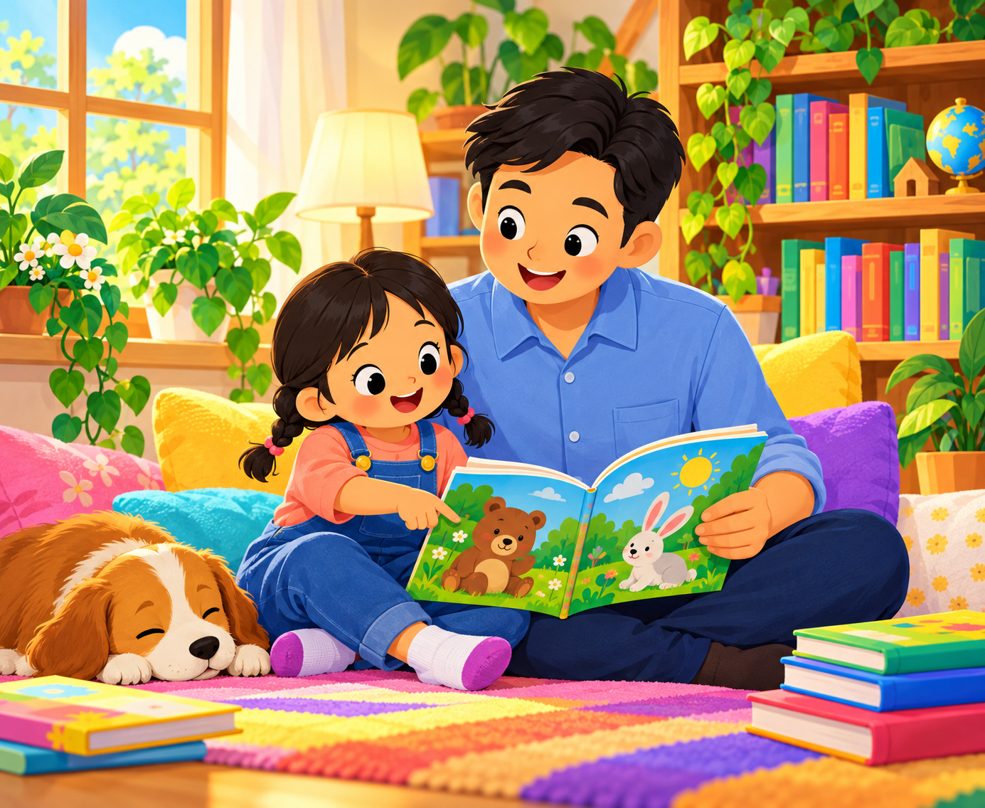 A parent and child reading together at home