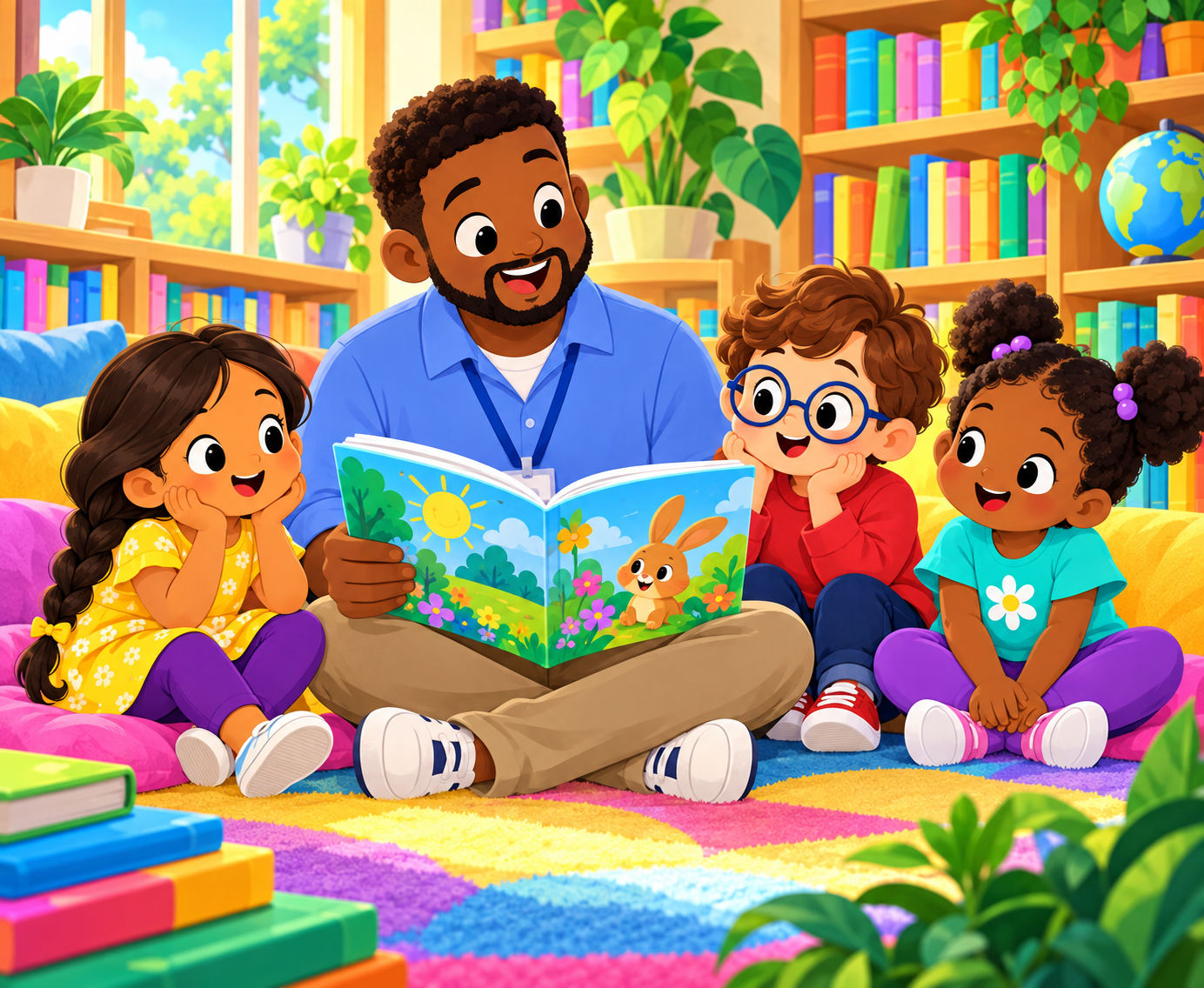 A librarian reading a picture book with three children