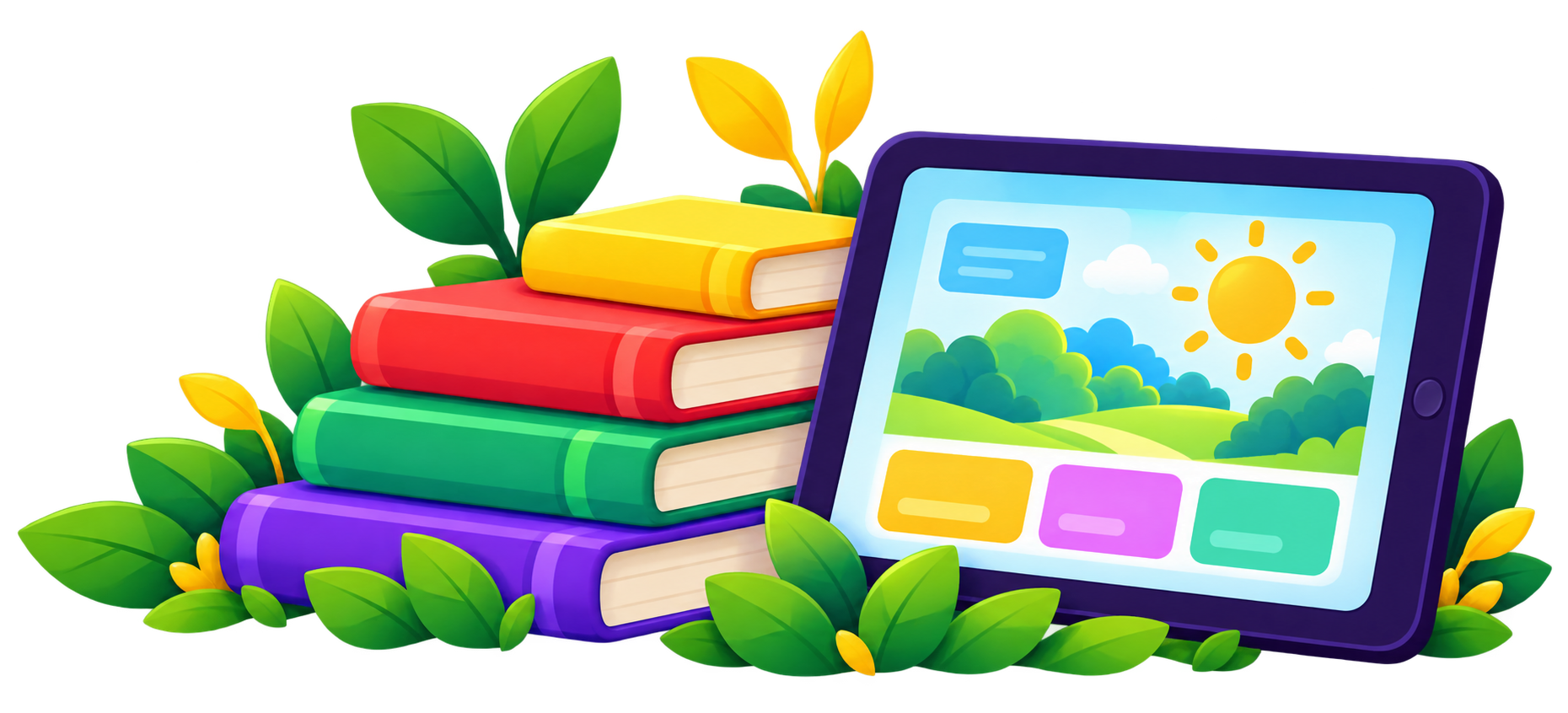 Colorful books beside a tablet displaying a learning activity