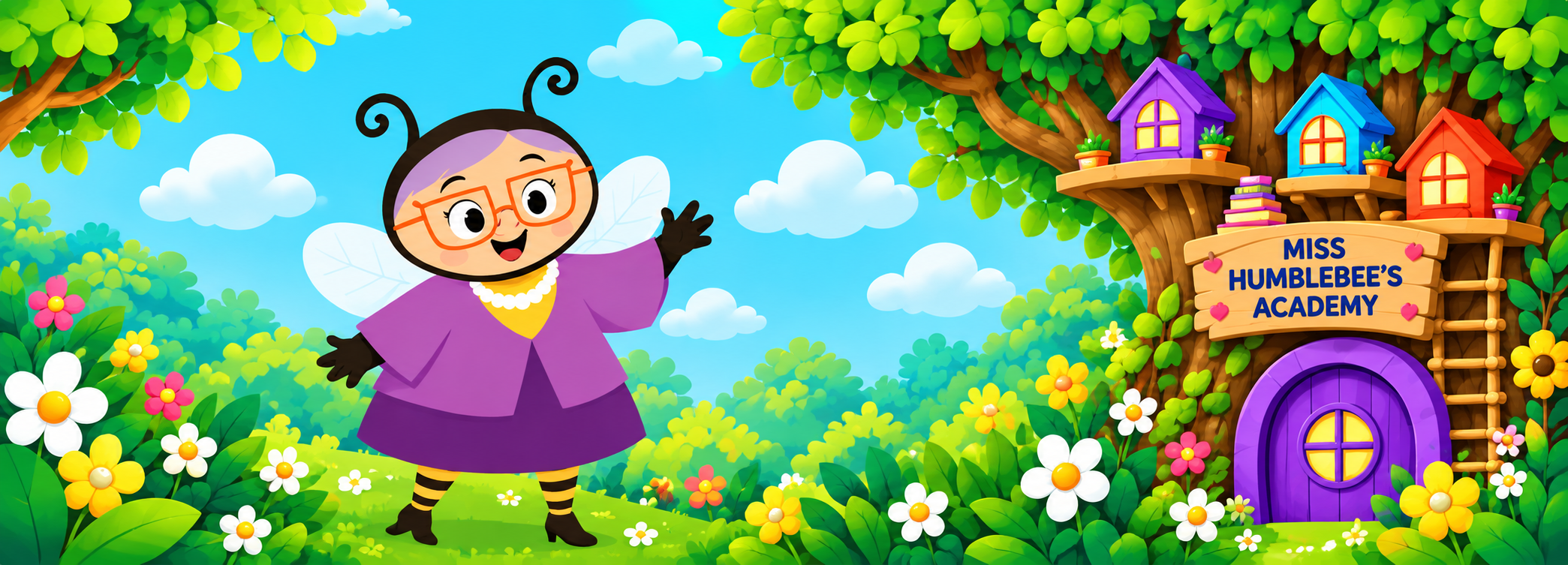 Miss Humblebee welcoming families beside the academy treehouse