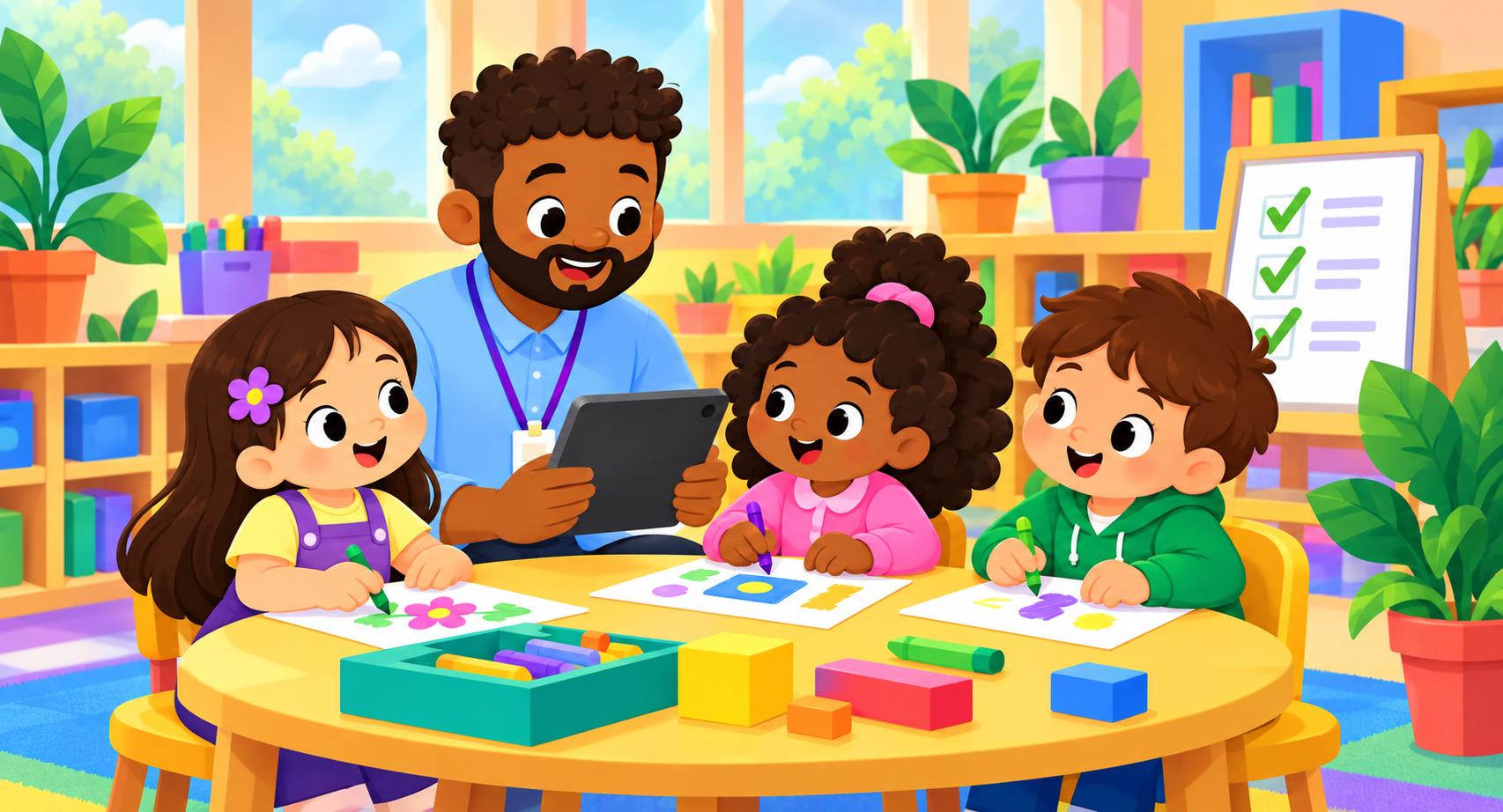 A teacher recording observations while three children learn at classroom tables