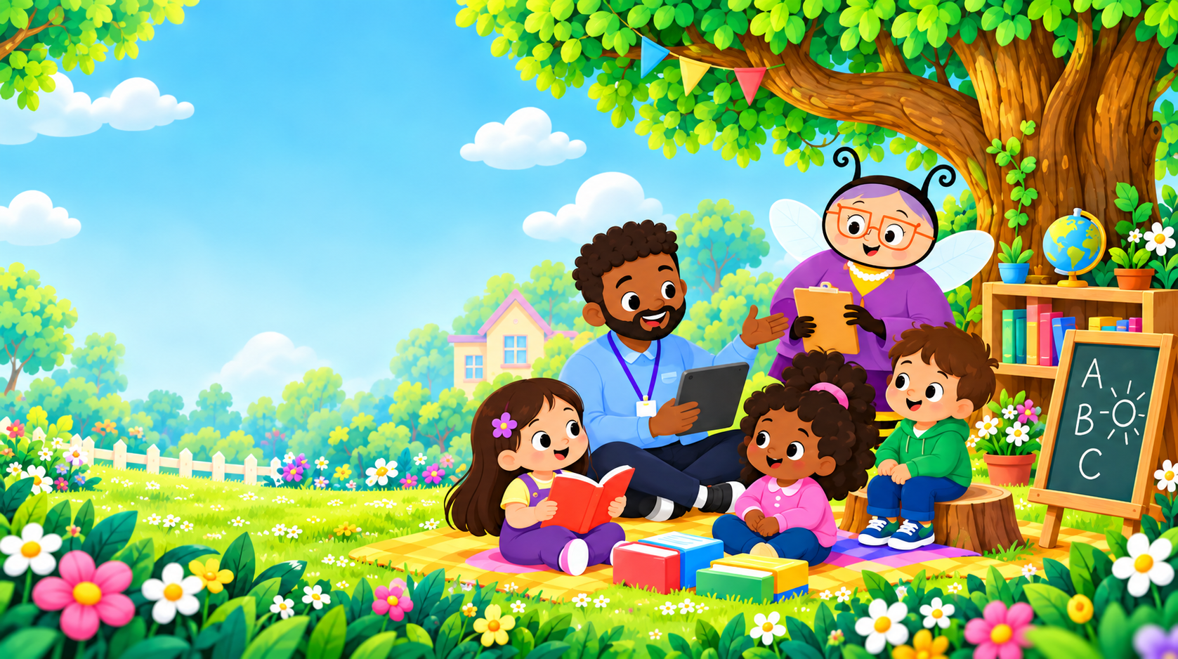 A teacher and children learning outdoors with Miss Humblebee