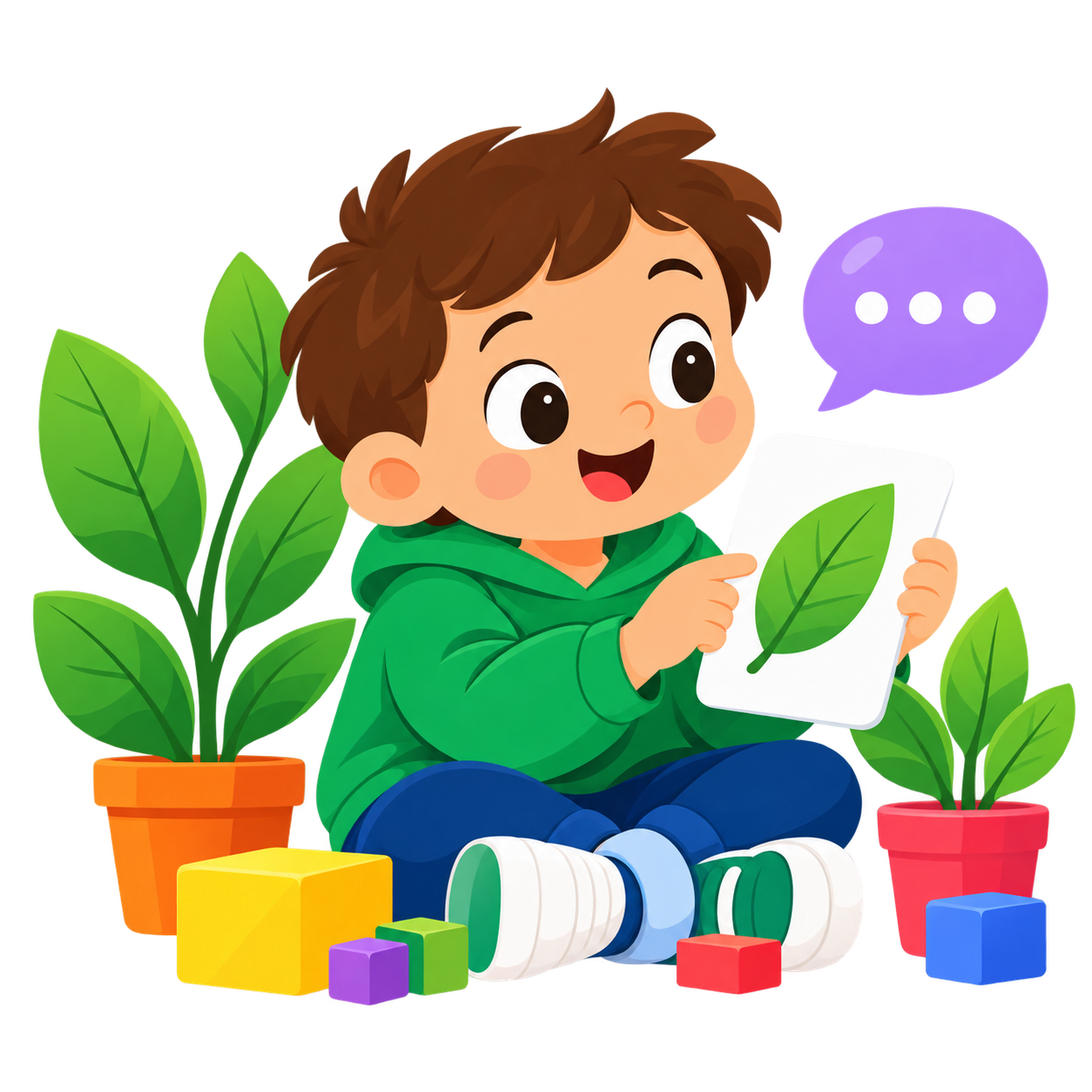 A child practicing words with a picture of a leaf