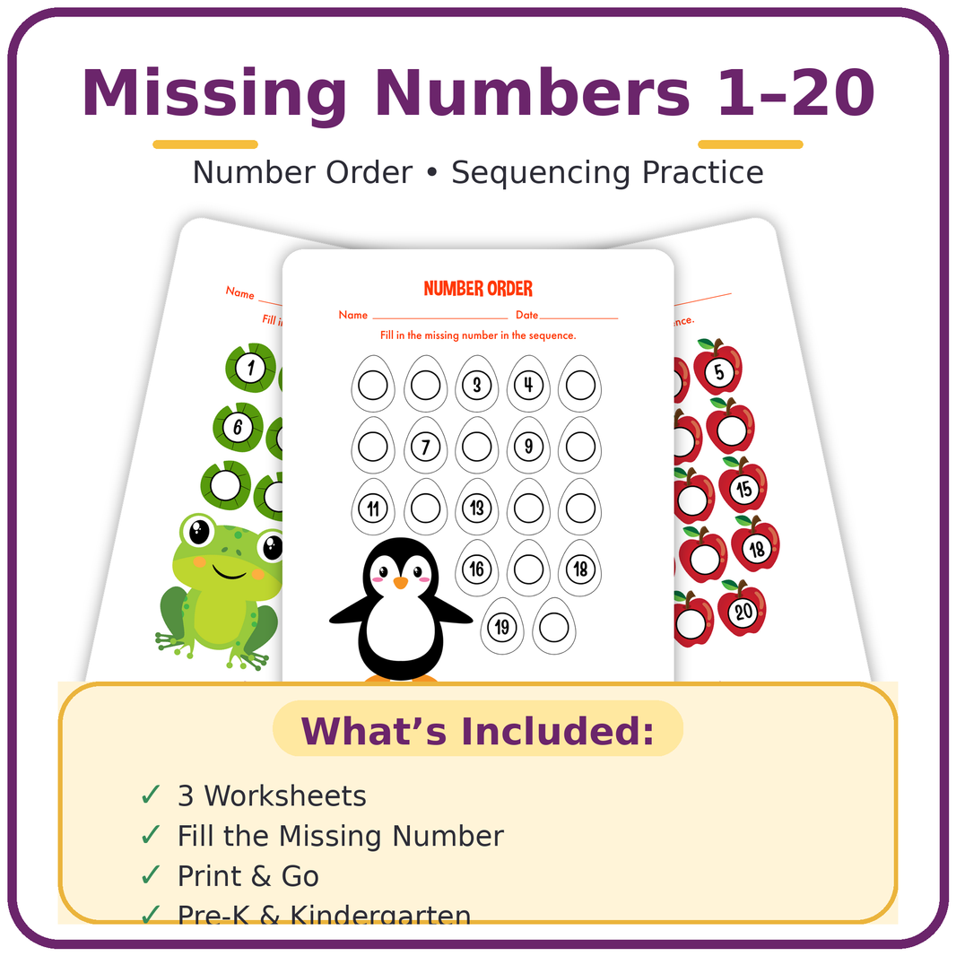 Missing Number Worksheets 1–20 (Number Order & Sequencing Practice)