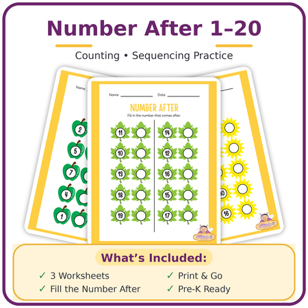 Number After Worksheets (1–20 Preschool Counting & Sequencing Practice)