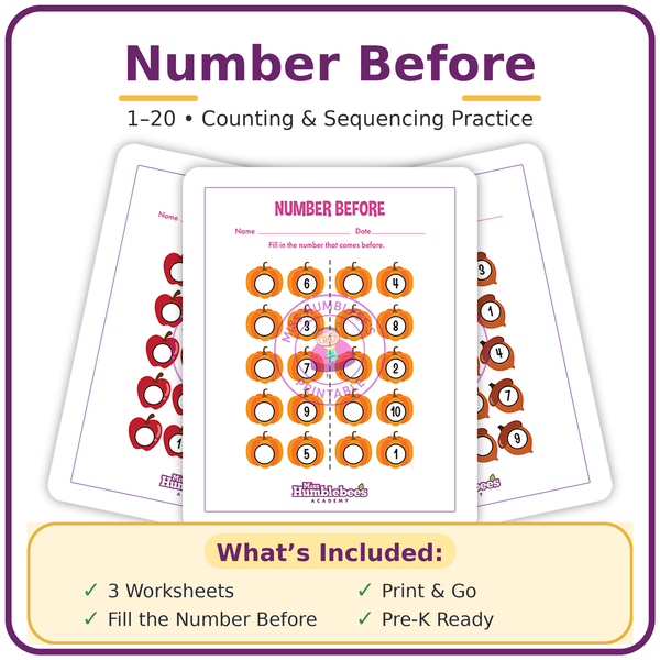 Number Before Worksheets (1–20 Preschool Math Practice Printable Bundle)