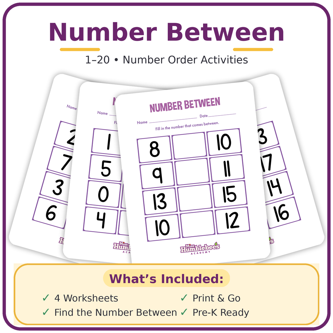 Number Between Worksheets (1–20 Preschool Number Order Activities)