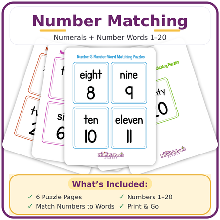 Number Matching Printable Worksheets (Numerals & Number Words 1–20)