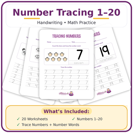 Number Tracing Worksheets 1–20 (Preschool Handwriting & Math Practice)