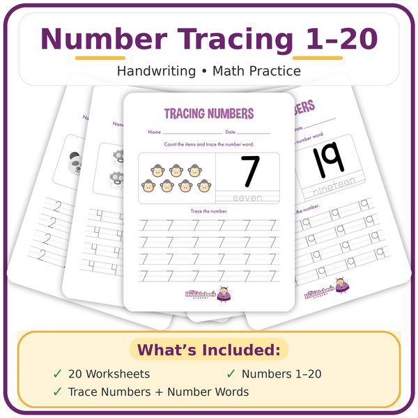 Number Tracing Worksheets 1–20 (Preschool Handwriting & Math Practice)