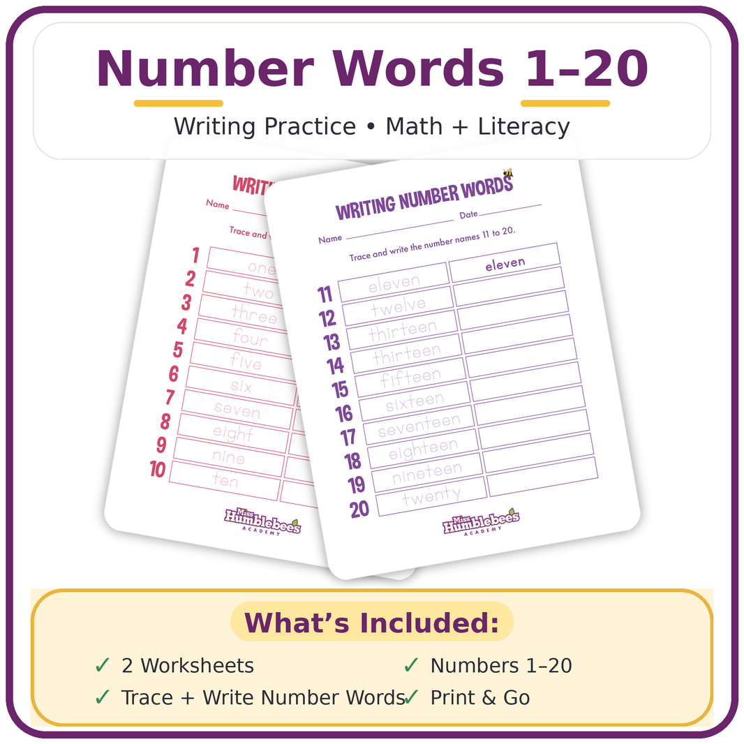 Number Words Writing Practice Worksheets (1–20 Math & Literacy Bundle)