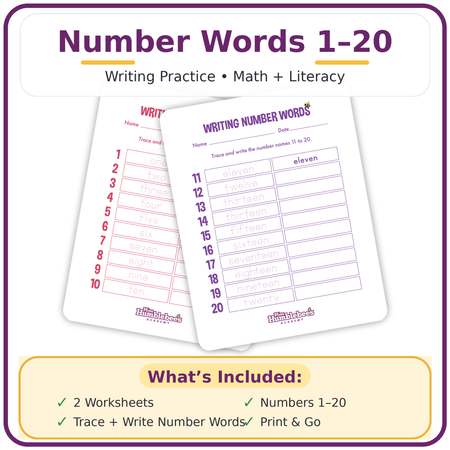 Number Words Writing Practice Worksheets (1–20 Math & Literacy Bundle)