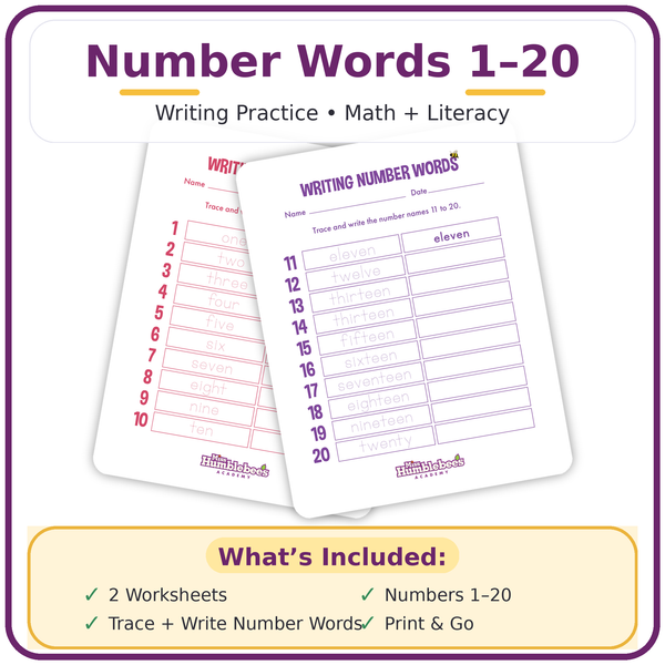 Number Words Writing Practice Worksheets (1–20 Math & Literacy Bundle)