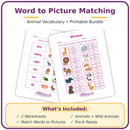 Word to Picture Matching Worksheets (Animal Vocabulary Printable Bundle)