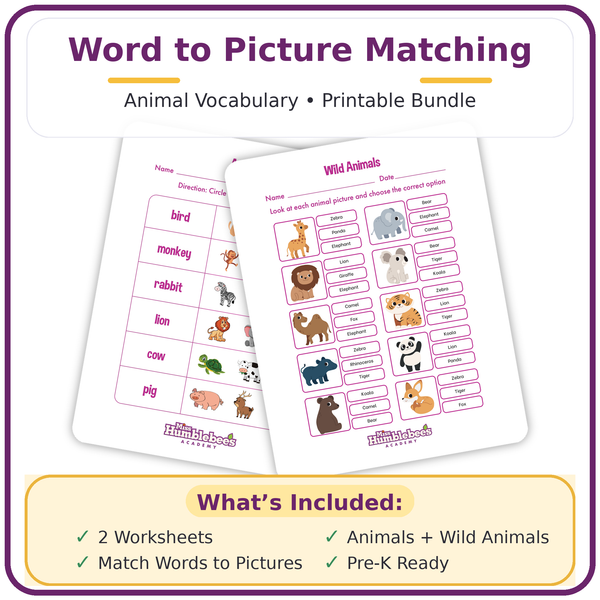 Word to Picture Matching Worksheets (Animal Vocabulary Printable Bundle)