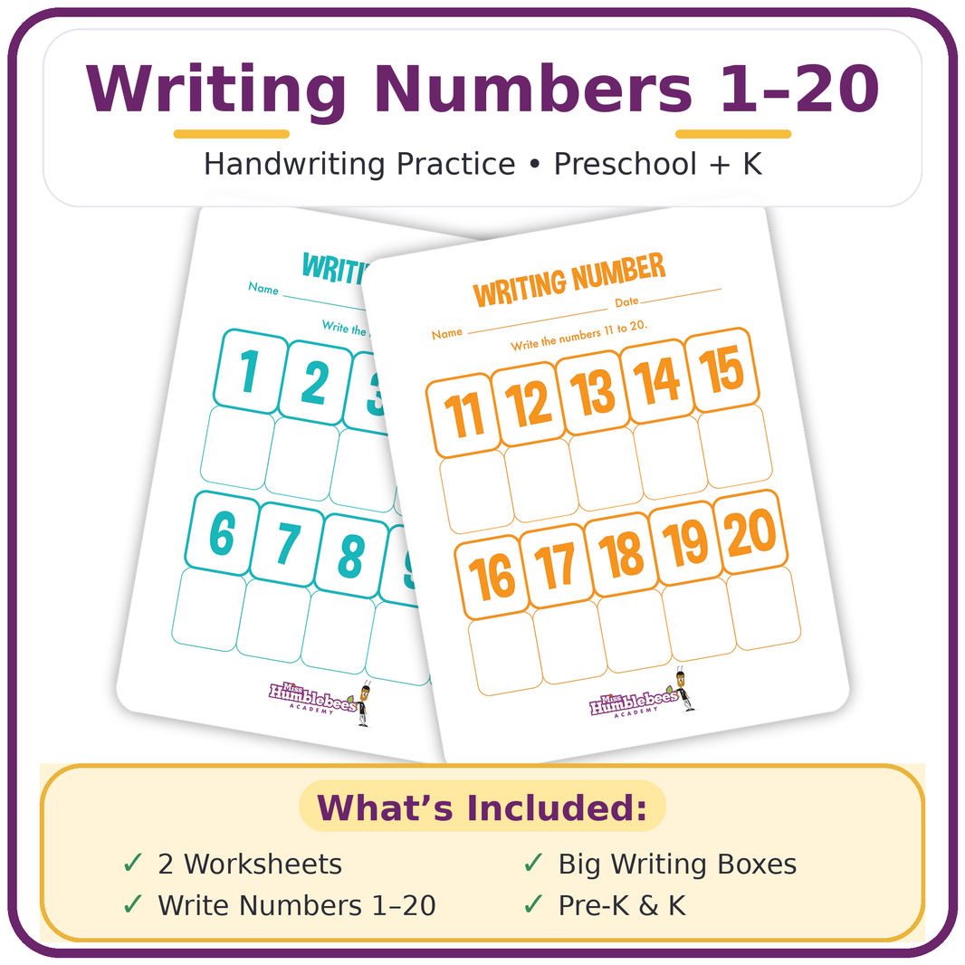 Writing Numbers Worksheets 1–20 (Preschool & Kindergarten Handwriting Practice)