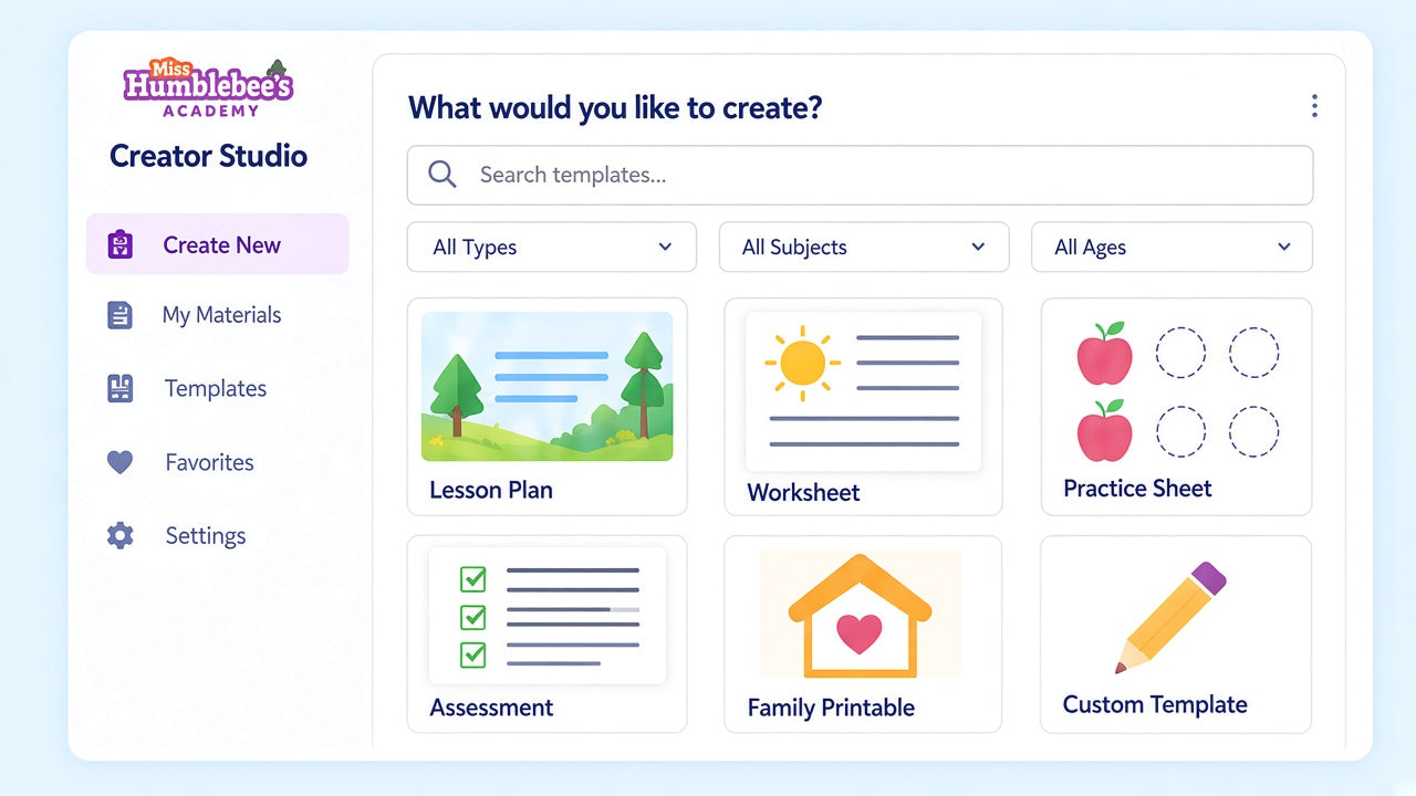 Creator Studio template gallery with lesson, worksheet, practice, assessment, and family printable options