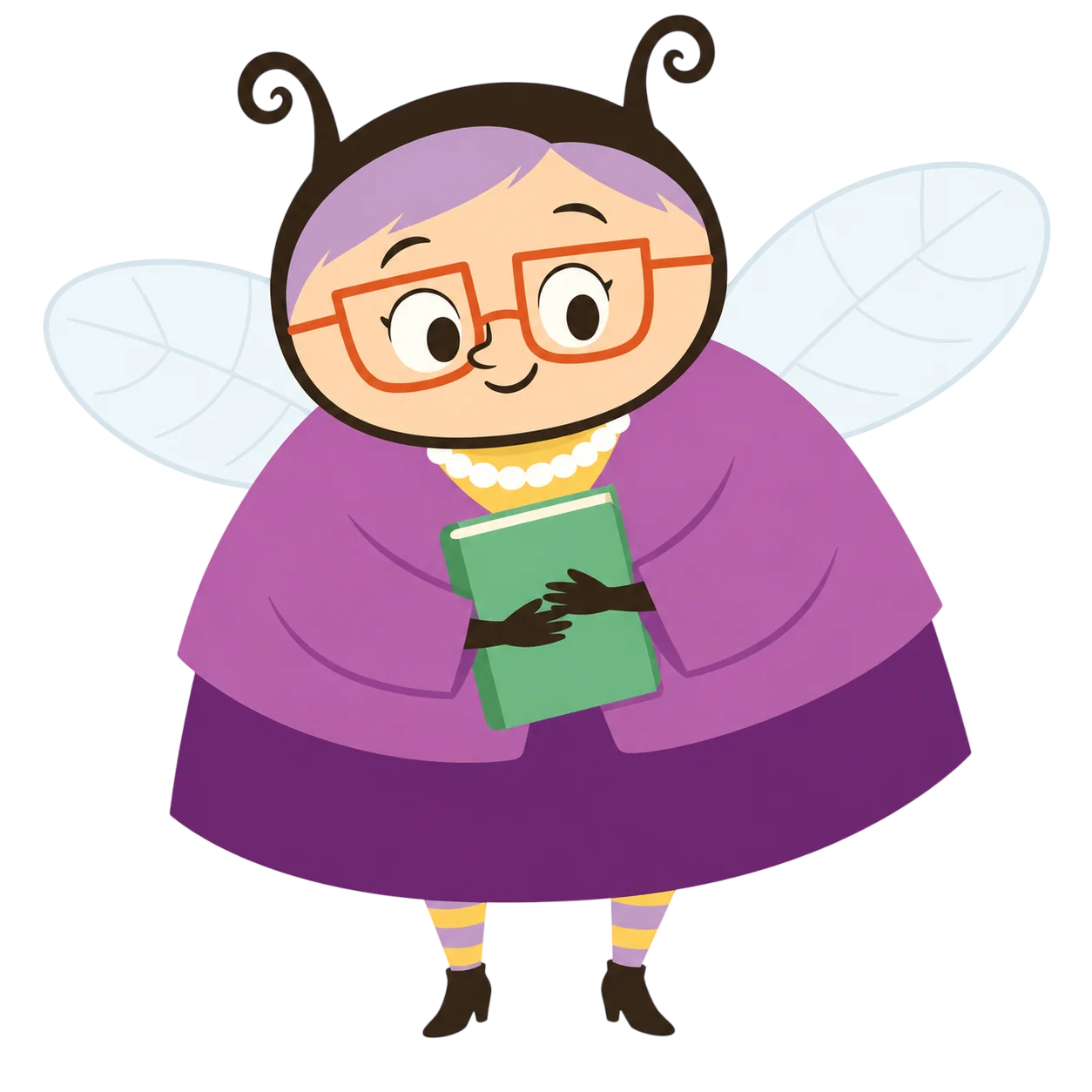 Miss Humblebee holding a green book
