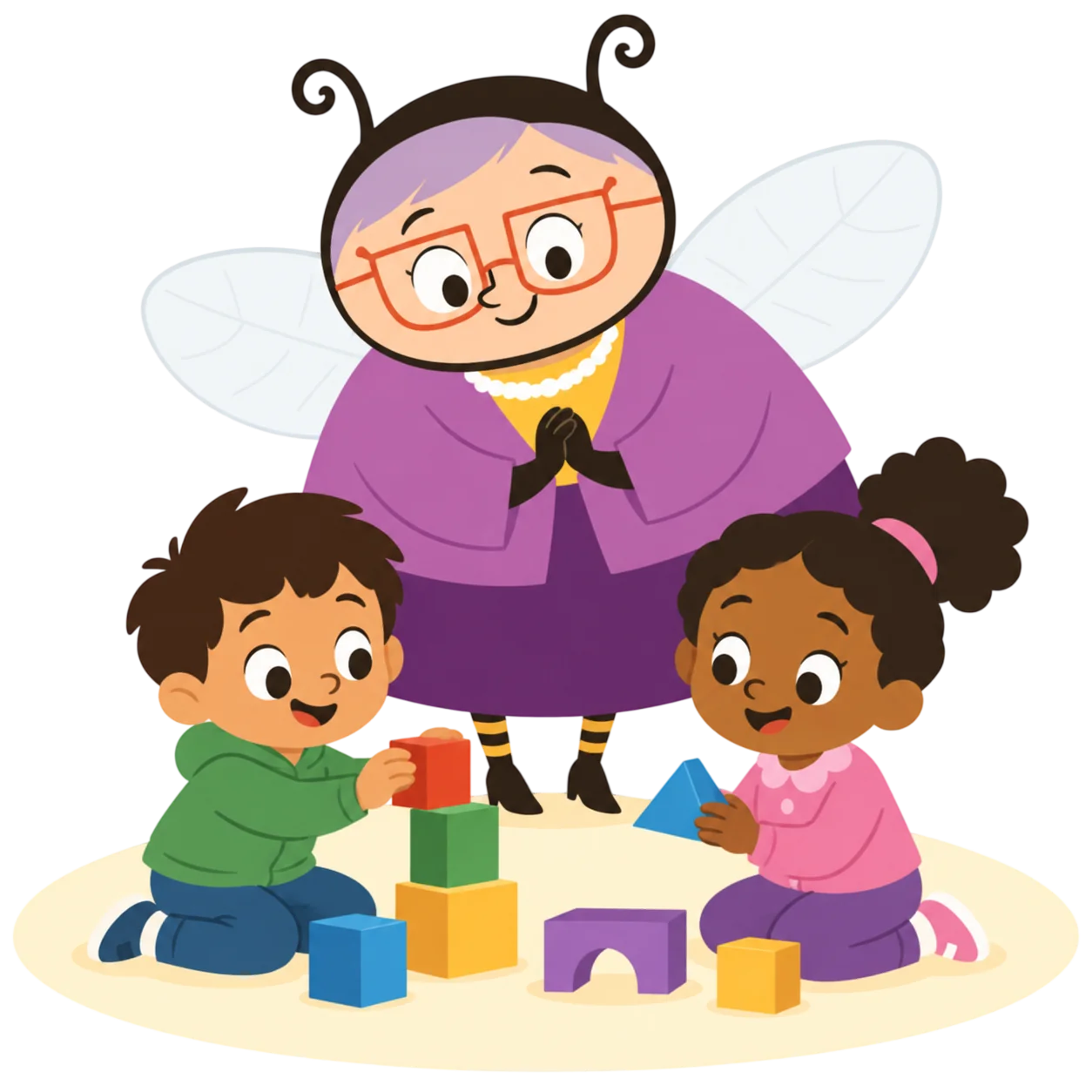 Miss Humblebee reading and learning with two children
