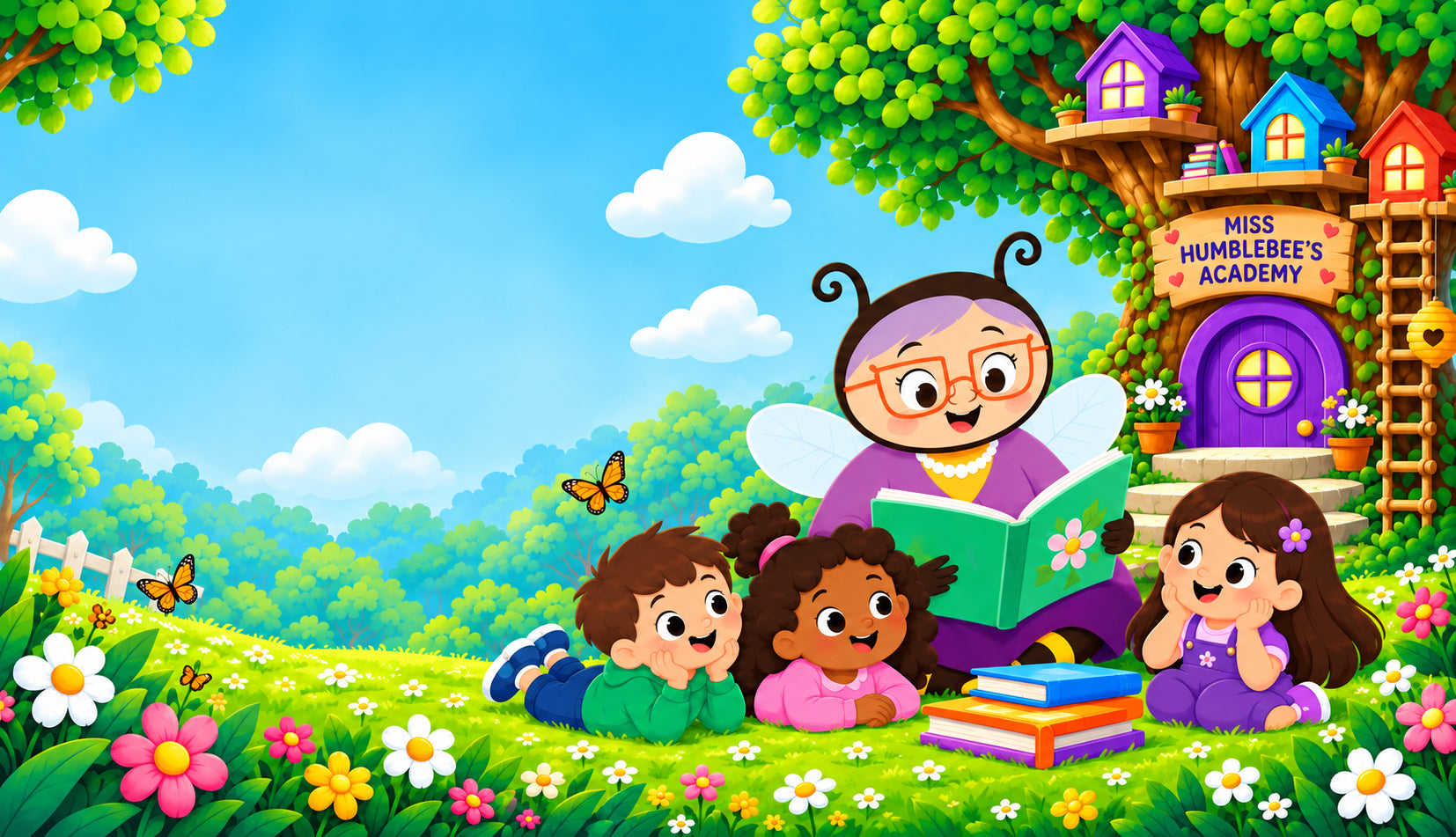 Miss Humblebee reading with three children beside the academy treehouse