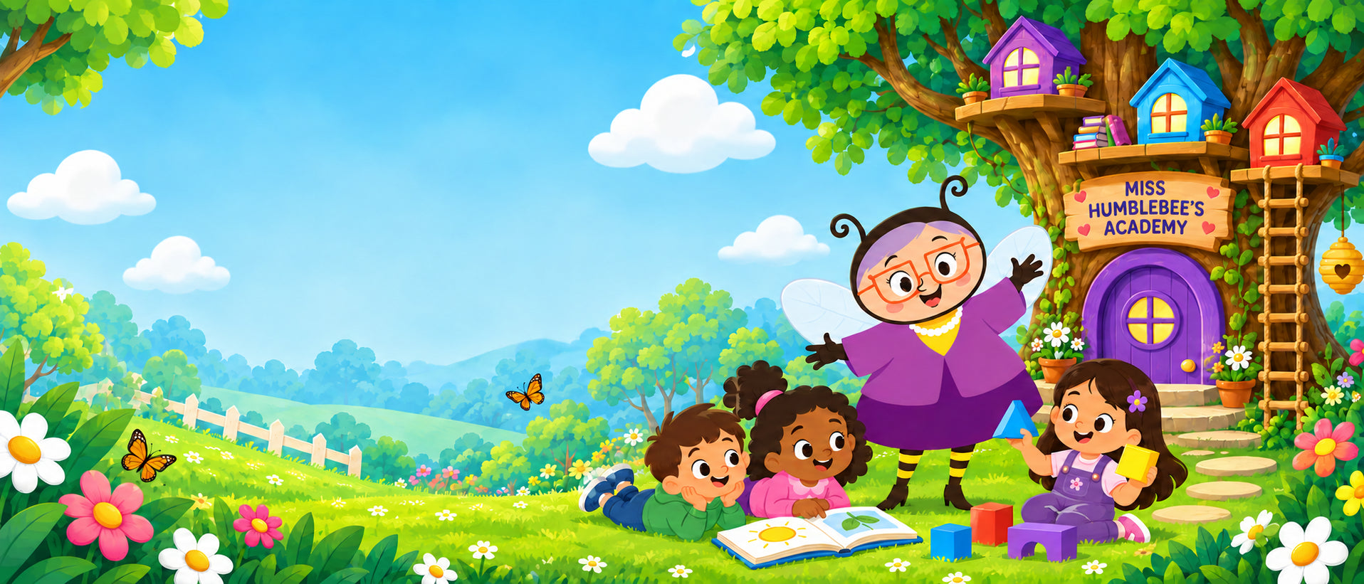 Miss Humblebee and children learning beside the academy treehouse