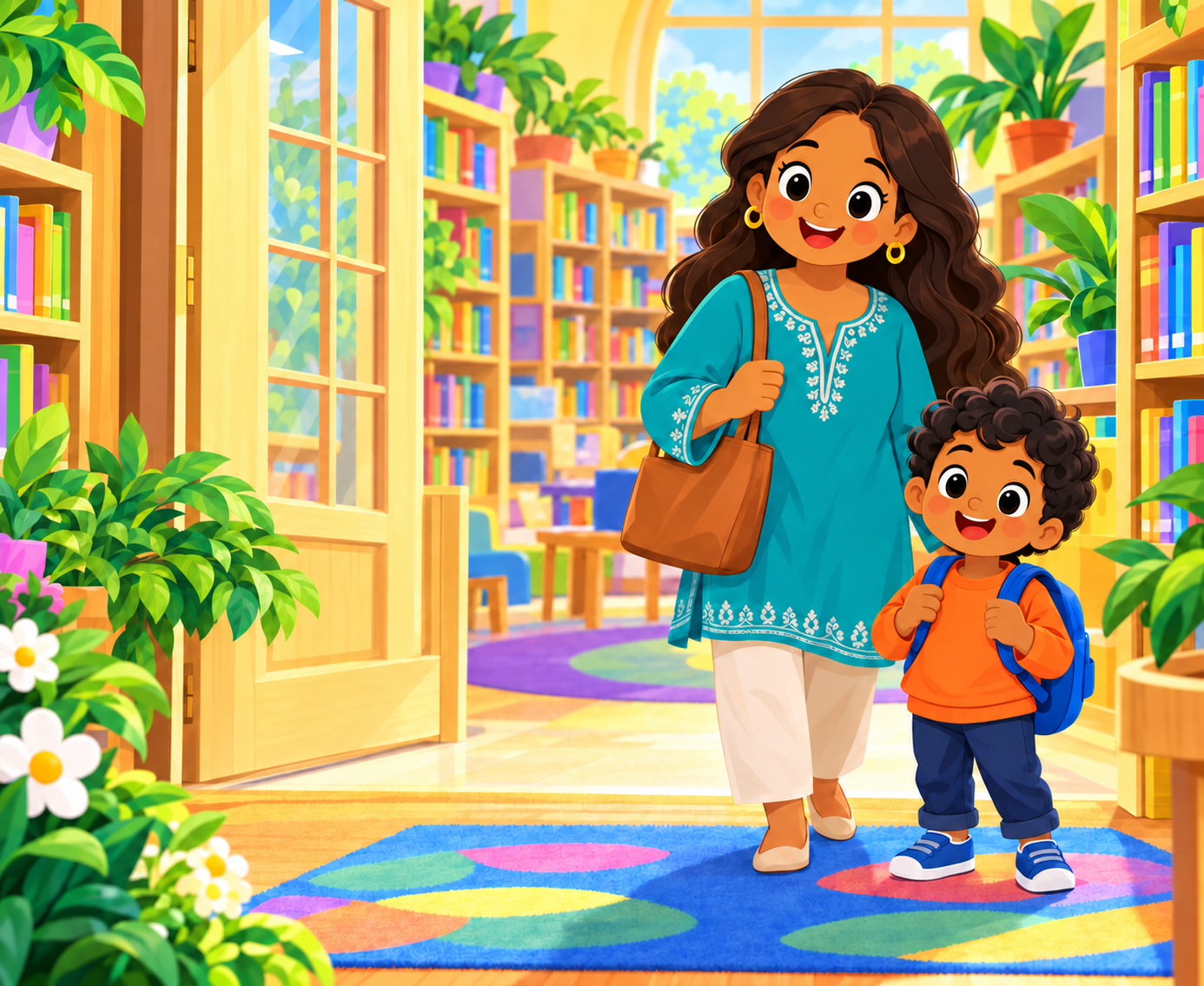 A mother and child smiling in a welcoming library