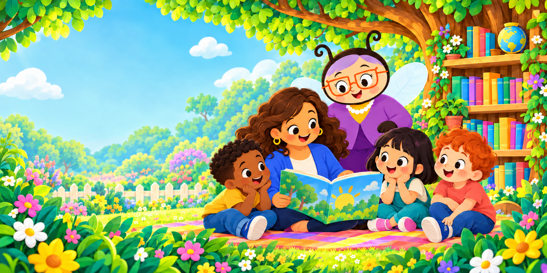 A librarian and children enjoying storytime with Miss Humblebee beneath the academy tree