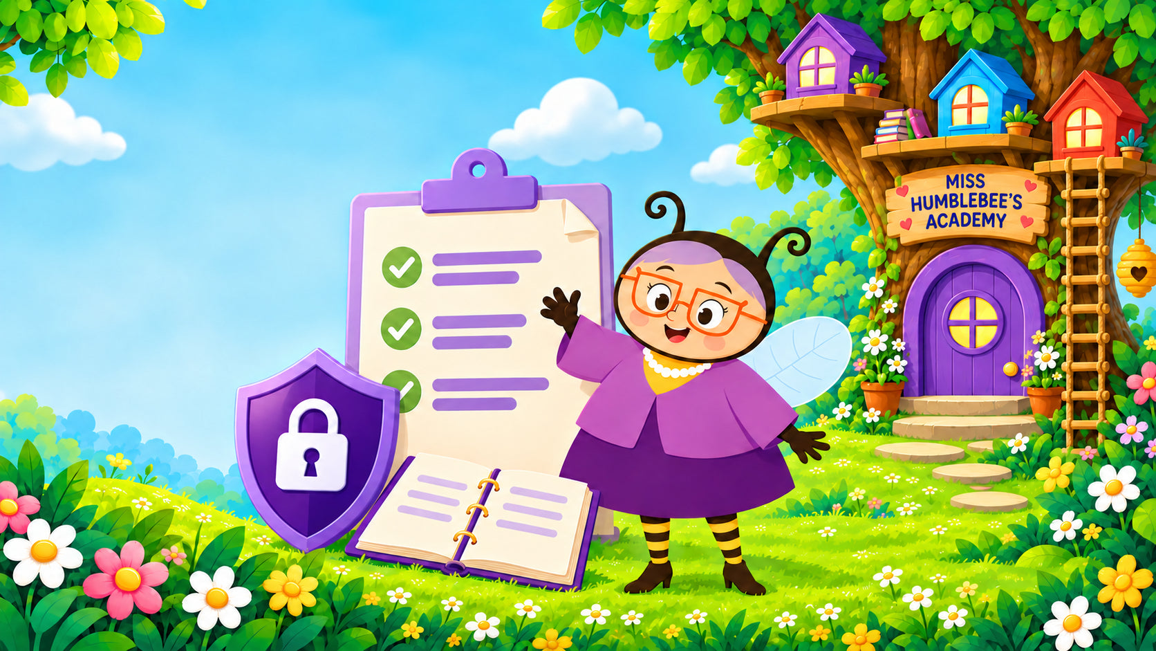 Miss Humblebee beside policy documents and a purple shield with a padlock.